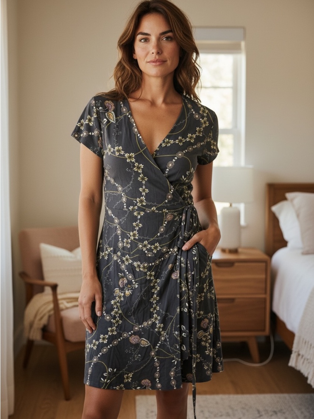 LOFT Charcoal Floral Wrap Mini Dress New